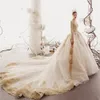 Königliches Hochzeitskleid aus goldener Spitze mit eleganten langen Ärmeln, applizierten Tuille-Ballkleid-Brautkleidern, V-Ausschnitt, Cathdral-Brautkleid mit langer Schleppe