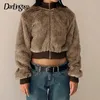 Darlingaga fluffy maillard brun faux päls jacka kvinnor höst vinter varm gröda zip-up rock outwear vintage jackor moderockar 231220