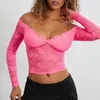 Mulheres Camisetas Puloru 2024 Sexy See-Through Lace Sheer Crop Tops Off-Ombro Manga Longa Skinny Nightclub Bar Básico