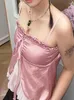 Damen-Tanks Cuteandpsycho Süßes rosa süßes Y2K-Unterhemd mit Rüschen, Patchwork, sexy Spaghettiträger-Oberteile, ästhetische Retro-koreanische 2000er-Jahre-Unterhemden