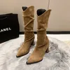 Boots Midcalf Woman 2024 Slipon pekade Western Cowboy Retro Fashion Pleated High Y Heel Booties 231219