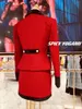 Two Piece Dress Vintage Red Woolen Suit Women Autumn High Quality Velvet Stitching Tweed Coat Slim Fit Top Skirt 2-Piece Christmas Clothing