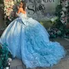 Sky Blue Glitter z ramionowej sukni piłki sukienki Quinceanera Słodka 16 Księżniczka Aplikacja koronkowe koraliki balowe sukienki vestidos de 15 anos