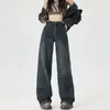 Kadın Kotları 2024 Vintage Kadınlar Sokak Giyim Sokak Siyah Bolgy Kore Yüksek Bel Geniş Bacak Pantolon Büyük Boy Grünge Şık Kot Pantolon Y2K Giysileri