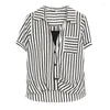 Bluzki damskie szyfonowe koszule lato 2023 Stripe Casual Polo Neck Ladies Pockets Lose krótkie topy mody