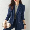 Ternos da xadrez vermelha retrô para mulheres 2023 Escritório de moda Ladies azuis de manga comprida Tops de peito duplo e calças de cintura alta esbelta Conjunto 231220