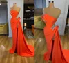 Chic Coral Evening Dresses Sexy Thigh Slit One Shoulder Evening Prom Gowns Arabic Aso Ebi Silver Sequins Rhinestones Formal Party Wear Women Robe de Soiree CL0139