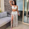 Werkjurken Dames Gehaakte bikiniset Kwastje Badmode Bandage 2-delig Gebreid Strand Zomer Sexy Uithollen Lange Cover-up Rokpakken