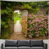 Tapisseries Tapestry Aesthetics Spring Flower Fence Pink Rose Plant Wall Garden Window Natural Scenery Home Decoration 231219