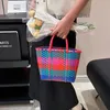 Shopping Bags Handmade Woven Portable Handbag Large Capacity Plastic Tote Bag Summer Beach Travel Holiday Shopping Bag Contrasting Colors 231219