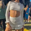 Survêtements pour femmes Imcute Femmes Summer Knit Shorts Tenues Solid Crew Col à manches longues Crop Tops Frills Taille haute 2 pièces Ensemble de vêtements