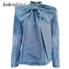 Men's Vests TWOTWINSTYLE Patchwork Bow Denim Women's Jacket Stand Collar Long Sleeve Vintage Ruched Jackets For Female Fashion Clothing 231219