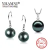 YHAMNI-Conjunto de collar y pendientes con colgante de perlas negras naturales, Plata de Ley 925 auténtica, juegos de joyas para mujer TZH001280K