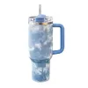 40oz Tumblers Quencher H2.0 Logo Pink Blue Tie Dye 40oz muggar med silikonhandtag isolerade tumlers lock Straw rostfritt stål kaffetermos wisteria cup