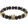 Pulsera Pave Black CZ Zirconia Gold King Crown Charm Pulsera Hombres Pulsera de cuentas de piedra Joyería para hombre de San Valentín hecha a mano227b