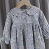 Girl's Dresses Girls Dresses For Wedding Girl Birthday Party Dress Floral Print Peter Pan Collar Princess Kids Clothes Blue 1-7T