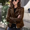 Women Motorcycle Leather Jacket Spring And Autumn Short Slim Long Sleeve Suit Collar Zipper Stitching Solid Color Coat 231220