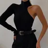 Women's Blouses Bodysuit One Shoulder Hollow Knitted Turtleneck Solid Color Soft Warm Skinny Lady Spring Fall Top Mallas Para Mujeres