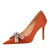 Dress Shoes Large Size 34-43 Crystal Bowknot Fashion Women Pumps Silk Wedding Autumn Pointed Toe 10CM Thin High HeelsDress