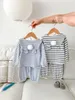 Conjuntos de roupas menina bebê boneca pescoço roupas de duas peças conjunto primavera e outono crianças manga longa superior calças listra mobiliário doméstico