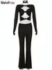 Pantalon Femme Puss Femmes 3pièces Ensemble Ras du cou Coupe Esthétique Hollolw Manches longues Crop Tops Flare Sexy Fashion Show Party Costume assorti