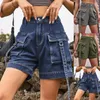 Shorts femininos americanos denim calças de carga casual bolso malha mulheres sexy para spandex com bolsos