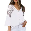 Camicette da donna Donna Tinta unita Blusas Mujer Moda Cuciture in pizzo Manica svasata Bottone superiore allentato Camicetta casual Top Blusa Feminina