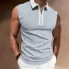 Camisetas masculinas cor sólida lapela zíper sem mangas top gola polo zip