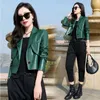 Kvinnorjackor Green Black Leather Jacket kläder 2023 Spring Autumn Chic Motorcycle Leathers Short Pu Suit Coat Female