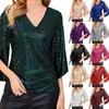 Damenblusen, Damen-Paillettenoberteile, 3/4-Ärmel, glitzernde, glitzernde Partybluse, V-Ausschnitt, lockere Passform, T-Shirts, Hemden, Kompressionsshirt für Damen