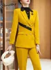 Yitimuceng Yellow Contrast Colour Women Suits Sets Set Slip Long Blazer Blazer Blazers Chic Cashing Pants 231220