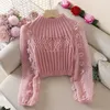 Autumn Women s tröja Super Fairy Bubble Sleeve Mesh Stitching Crew Neck Tight Slim Short T Shirt 231220