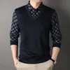 Polos pour hommes printemps et automne pull bouton contraste panneau à carreaux t-shirt à manches longues faux deux pièces polo bas mode décontracté hauts 231219