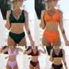 Women's Swimwear 2023 Sexy V-Neck Ribbed Bikini High Waist Swimsuit Women Solid Push Up Female Bathing Suit Set Beachwear