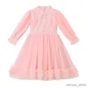 Mädchenkleider Kinderkleid süße Blumenmädchen Kleidung weiß rosa lang Ärmeln gestickte Frühlings- und Herbst Freizeit tragen Ballkleid