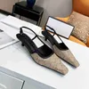 Designer Slingback Sandaler Luxury äkta läder Midklackade tofflor Fashion Lady Crystals glittrande tryckskor Square Toe Ankle Strap Fashion Party Shoes