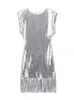 Базовое повседневное платье, модное серебряное мини-платье с блестками и кисточками, элегантное мини-платье без рукавов с круглым вырезом, облегающее женское вечернее платье для выпускного вечера 231219