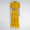 デザイナーのドレスローブは、木製の耳のレースのプロムドレス、ウエストアップスリミングドレス、女性のためのドレスと一緒に襟を立てる