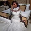 Suknie ślubne ASO EBI w dużych rozmiarach syrena elegancka długie rękawy iluzja koronkowa sukienka ślubna z koralikami dla afrykańskich czarnych kobiet długie rękawy kryształy małże ślubne CDW066