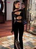 Dames Broek Poes Vrouwen 3 Delige Set Choker Cut Esthetische Hollolw Crop Tops met volledige mouw Flare Sexy Modeshow Party Bijpassend pak