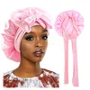 New Women Satin Sleeping Hat Wide Stretchy Band Long Tail Bonnet With Head Tie Band Bonnet Edge Wrap For Curly Dreadlock Braid