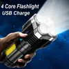 1pc High Power LED Flashlight, Camping Torch With 4 LED Beads And COB Side Light, Rechargeable Portable Hand Lamp, 4 Lighting Modes