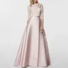 2024 Pink Lace Mother Of The Bride Dress High Collar Neck 3/4 Sleeves Flower Wedding Party Gowns A-line Floor-Length Bow Satin Robe De Fete De Mariage