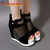 Stivali Flock Ankl Stivali Scarpe Donna Estate Sexy Cava alta pendenza con la bocca dei pesci Scarpe singole Fondo spesso Zeppe Stivali corti 231219