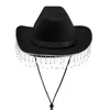 Beanie Skull Caps Western Cowboy Hat Fashion Adjustable Drawstring Tassel Cowgirl Solid Color Wide Brim Party Jazz Topper 231219