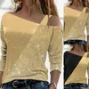 Kadın bluzları moda kadın kazak üst basit bluz altın renk dikiş parlak üstler