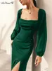 Casual Dresses Puff Sleeve A-Line Elegant Green Dress Lace-up Oregelbundna kvinnor Ruched Solid Long Office Ladies Zip Split 2024