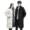 Inverno masculino longo na altura do joelho jaqueta para casais engrossado e quente elegante e na moda com capuz para baixo estilo unisex 231220