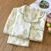 Women's Sleepwear Pajama Spring Autumn Pure Cotton Gauze Double-layer Crepe Fabric Summer Thin Long Sleeved Home Clothing Set