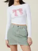Koszulki damskie Y2K HARAJUKU BOWID DREPOWANE TOP Kobiety Załoga szyi długie rękaw Slim Sweet Cutecore T-shirt koreańskie koszulki modne